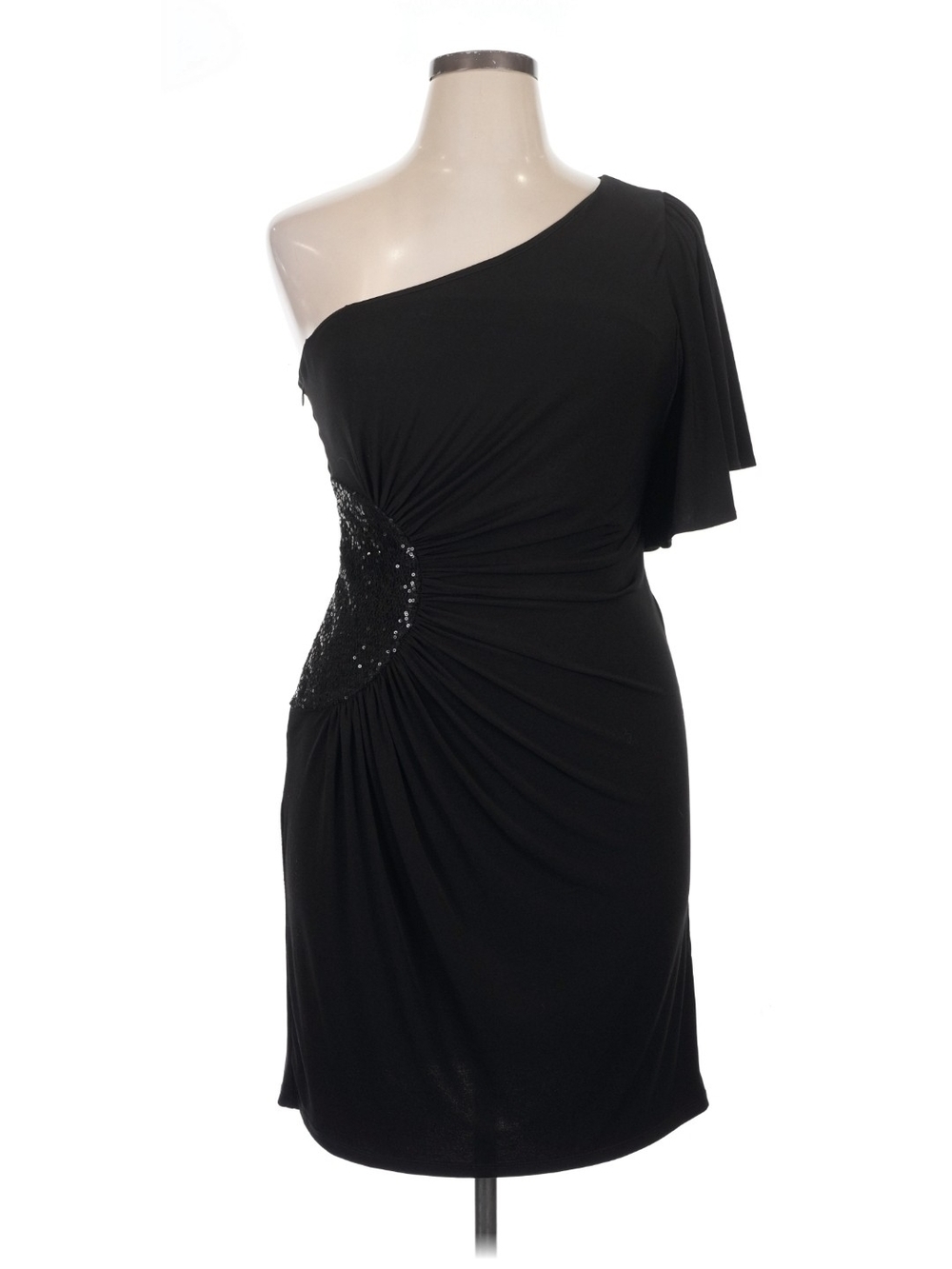 London Times Black One-Shoulder Ruched & Sequins Cocktail Dress         Size 14